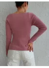 Kadın Pembe Dekolteli Kare Yaka Triko Bluz