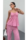 Kadın Pembe  Dokulu Askılı Üst Ve Bol Paça Pantolon 2’li Takım