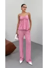 Kadın Pembe  Dokulu Askılı Üst Ve Bol Paça Pantolon 2’li Takım