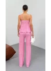 Kadın Pembe  Dokulu Askılı Üst Ve Bol Paça Pantolon 2’li Takım