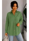 Kadın Yağ Yeşili Pamuklu Keten Tek Cepli Bohem Pinterest Oversize Gömlek