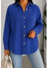 Kadın Lacivert Pamuklu Keten Tek Cepli Bohem Pinterest Oversize Gömlek