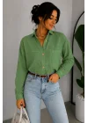 Kadın Yağ Yeşili Pamuklu Keten Tek Cepli Bohem Pinterest Oversize Gömlek