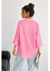Kadın Pembe Pamuklu Oversize Fakir Kol Gömlek Geniş Kalıp Salaş Bluz
