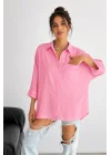 Kadın Pembe Pamuklu Oversize Fakir Kol Gömlek Geniş Kalıp Salaş Bluz
