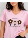 Kadın Pembe V Yaka %100 Pamuklu Boncuk Nakış İşlemeli T-Shirt Çiçekli