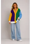 Kadın Renk Bloklu Pamuklu Triko Oversize Pinterest Hırka