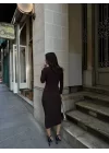 Kadın Sandy Kumaş Drabe Yaka Belinde Tül Detaylı Midi Boy Elbise