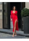 Kadın Sandy Kumaş Kapşonlu SırtVe Bacak Dekolteli Uzun Elbise