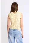 Kadın Sarı Dik Yaka Dantelli Çin Düğmeli Bohem Yelek Crop Bluz