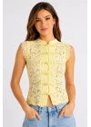 Kadın Sarı Dik Yaka Dantelli Çin Düğmeli Bohem Yelek Crop Bluz