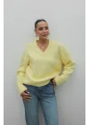 Kadın Sarı Pamuklu V Yaka Oversize Basic Triko Pinterest Kazak