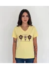 Kadın Sarı V Yaka %100 Pamuklu Boncuk Nakış İşlemeli T-Shirt Çiçekli