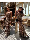 Kadın Saten Kumaş Leopar Desenli Uzun Askılı Elbise