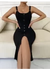 Kadın Sıfır Kol Askı Halka Detay önü Düğmeli Midi Boy Yırtmaçlı Fitilli Kaşkorse Elbise