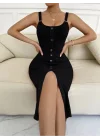 Kadın Sıfır Kol Askı Halka Detay önü Düğmeli Midi Boy Yırtmaçlı Fitilli Kaşkorse Elbise