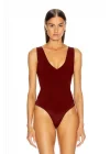 Kadın Bordo V Yaka Kolsuz Çift Katlı Tanga Kesim Sandy Kumaş Bodysuit