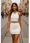 Kadın Sıfır Kol Crop Mini Etek Ikili Triko Takım