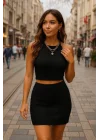 Kadın Sıfır Kol Crop Mini Etek Ikili Triko Takım