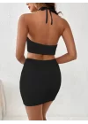 Kadın Sıfır Kol Crop Mini Etek Ikili Triko Takım
