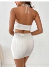 Kadın Sıfır Kol Crop Mini Etek Ikili Triko Takım