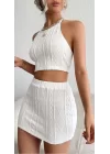 Kadın Sıfır Kol Crop Mini Etek Ikili Triko Takım