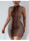 Kadın Sıfır Kol Desenli Mini Bodycon Dalgıç Elbise