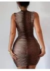 Kadın Sıfır Kol Desenli Mini Bodycon Dalgıç Elbise