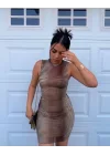 Kadın Sıfır Kol Desenli Mini Bodycon Dalgıç Elbise