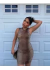 Kadın Sıfır Kol Desenli Mini Bodycon Dalgıç Elbise
