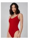 Kadın Sıfır Kol İp Askılı Kırmızı İpek Jarse Bodysuit