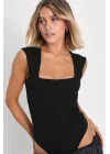Kadın Siyah Çift Katlı Sandy Kumaş Kare Yaka Kalın Askılı Çıtçıtlı Tanga Bodysuit