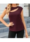 Kadın Sıfır Kol Pencere Detay Viskon T-shirt