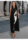 Kadın Sıfır Kol V Yakalı Kadın Yüz Desenli Süprem Elbise