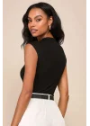 Kadın Siyah Balıkçı Yaka Kolsuz Yan Büzgülü Çift Katlı Tanga Bodysuit