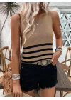 Kadın Sıfır Kol Yuvarlak Yaka şerit Detay Triko Bluz