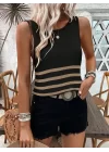 Kadın Sıfır Kol Yuvarlak Yaka şerit Detay Triko Bluz