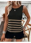 Kadın Sıfır Kol Yuvarlak Yaka şerit Detay Triko Bluz