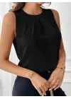 Kadın Sıfır Kollu Bisiklet Yaka önden Pileli Ithal Krep Bluz