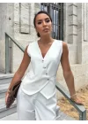 Kadın Sıfır Kollu çapraz V Yakalı önden Düğmeli Atlas Yelek Ve Pantolon Ikili Takım