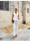Kadın Sıfır Kollu çapraz V Yakalı önden Düğmeli Atlas Yelek Ve Pantolon Ikili Takım
