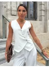 Kadın Sıfır Kollu çapraz V Yakalı önden Düğmeli Atlas Yelek Ve Pantolon Ikili Takım