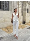 Kadın Sıfır Kollu çapraz V Yakalı önden Düğmeli Atlas Yelek Ve Pantolon Ikili Takım