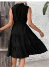 Kadın Sıfır Kollu Gömlek Yaka Düğmeli Beli Kuşaklı Katlı Dokuma Midi Elbise