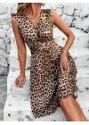 Kadın Sıfır Kollu önden çapraz Detaylı Leopar Desenli Süprem Elbise