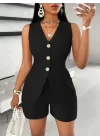 Kadın Sıfır Kollu önden Düğmeli Ithal Krep Ceket Ve Short Ikili Takım