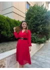 Kadın şifon Kumaş Astalı Kloş Kesim Kruvaze Yaka Midi Boy Elbise