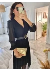 Kadın şifon Kumaş Astalı Kloş Kesim Kruvaze Yaka Midi Boy Elbise
