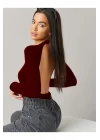 MetuCa Kadın Bordo Sırt Dekolteli Bisiklet Yaka Uzun Kollu Sandy Kumaş Bodysuit Zıbın