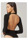 MetuCa Kadın Siyah Sırt Dekolteli Bisiklet Yaka Uzun Kollu Sandy Kumaş Bodysuit Zıbın
